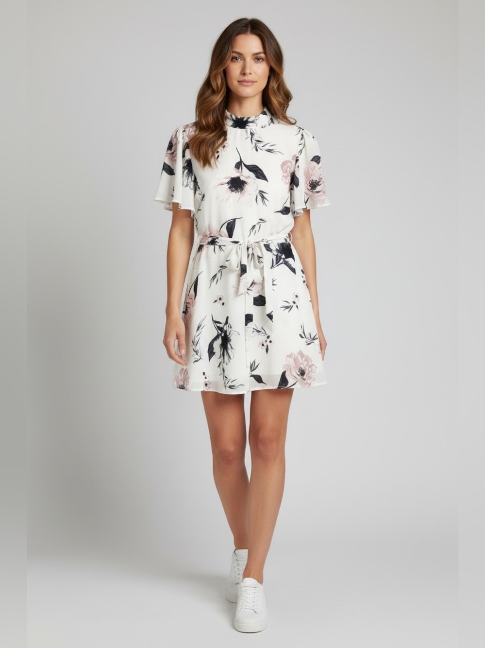 Elizabeth Crosby Flutter Sleeve Floral Dress // White Multi // Medium // NEW